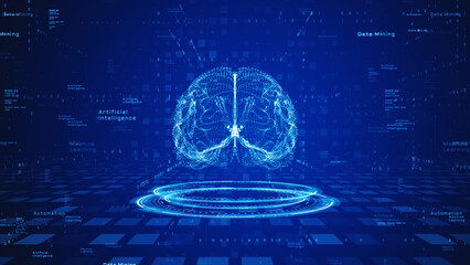 Futuristic Artificial Intelligence concept with glowing digital brain, binary code, and technology terms like machine learning, data mining, and automation. Technology digital background 3d Rendering