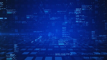 Digital cyberspace with data analysis, and a glowing blue tech grid interface for technology, network, and data visualization concepts. Technology network connection and big data 3d Rendering
