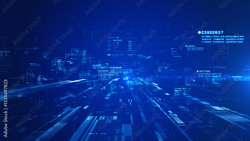 Poster futuristic blue digital data with tech grid, binary information, and cyber interface for technology 