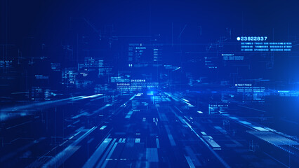Futuristic Blue Digital Data with Tech Grid, Binary Information, and Cyber Interface for Technology and Innovation Concepts, Big Data Technology Background 3d Rendering