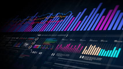 Financial investment dashboard featuring bar charts, line graphs, and data analysis for business insights and economic performance review. Financial investment background concept 3d Rendering