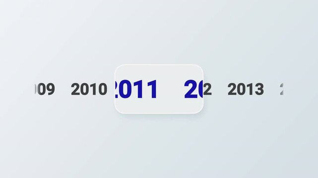 Horizontal timeline animation scrolling smoothly to the year 2011. Ideal for history documentaries, educational videos, or year-based content.	