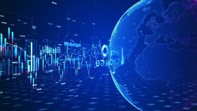 Futuristic financial stock market analysis with global data charts, digital graphs, and investment trends in a high-tech environment. Global Investment background 3d Rendering