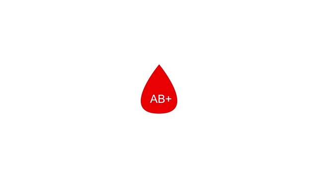 Eight blood drops appearing on screen symbolizing the Blood groups in detail. AB+ blood positive, blood types.health medical blood drop sign symbol icon animation on a dark background