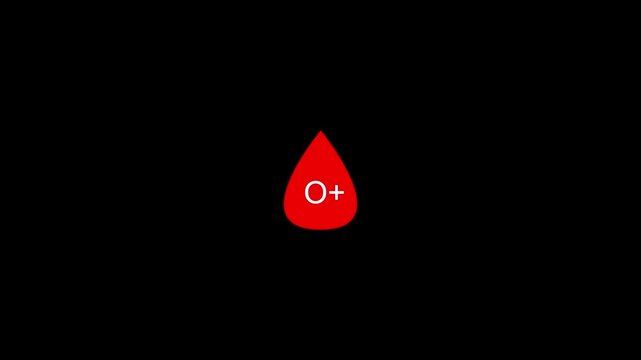 Eight blood drops appearing on screen symbolizing the Blood groups in detail. O+ blood positive, blood types.health medical blood drop sign symbol icon animation on a dark background