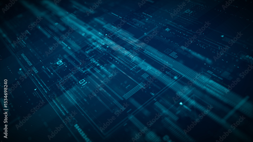 Poster blue digital background with data flows, abstract grids, and virtual interface elements ideal for te