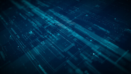 Blue digital background with data flows, abstract grids, and virtual interface elements ideal for technology, Technology digital data network connection background 3d Rendering