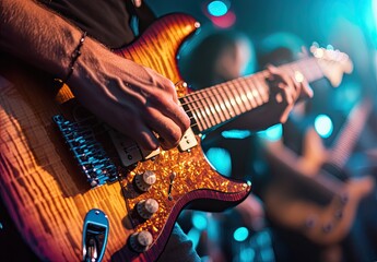 Naklejka premium Close-up of guitarist playing electric guitar on stage