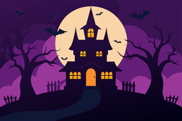 haunted house with bats and moon