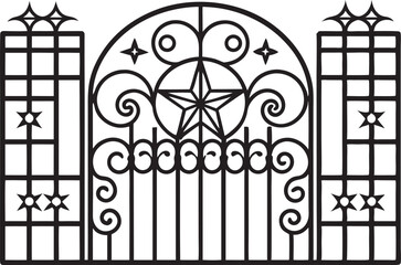 This collection of black and white images showcases various gate designs, ranging from simple entryways to more elaborate and decorative structures.