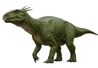 Obraz premium A green dinosaur stands out against a black background showcasing its scaly skin and distinctive head crest