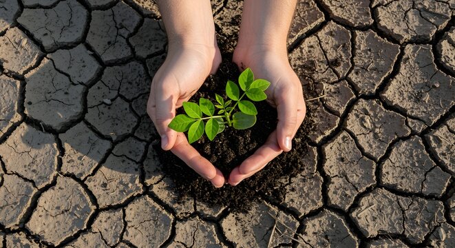 Drought Eradication Day Protecting Our Planet Hands Holding a Sapling on Dry Cracked Earth