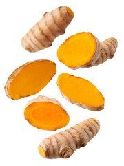 flying turmeric and half slices isolated on transparent white background, clipping path