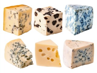 Assorted gourmet blue cheese, varieties highlighting diverse textures, colors, and mold patterns isolated on white background