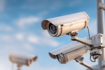 Fototapeta premium Security cameras observe surroundings under a clear blue sky with scattered clouds