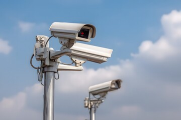 Security cameras observe surroundings under a clear blue sky with scattered clouds
