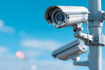Security cameras observe surroundings under a clear blue sky with scattered clouds