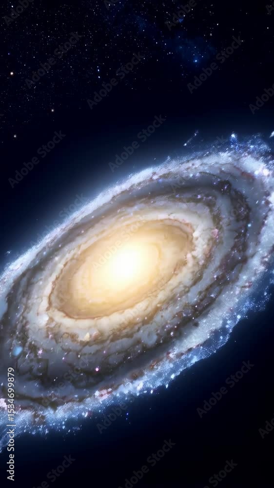 Poster rotating spiral galaxy system against a dark starry space background with bright nucleus and interst