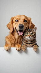 A Heartwarming Image Features A Friendly Golden Retriever And A Cute Tabby Cat, Posing Together As They Peek Over A Clean White Sign. The Dog Has A Happy Expression, While The Cat Looks Curious ...