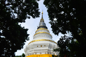 White Pagoda in the Evening, Lanna Architecture, Symbols of Buddhism, South East Asia at Ket Karam temple, Mueang Chiang Mai, Chiang Mai, Northern Thailand