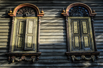 antique old wooden window, Lanna Architecture, Symbols of Buddhism, South East Asia at Ket Karam...