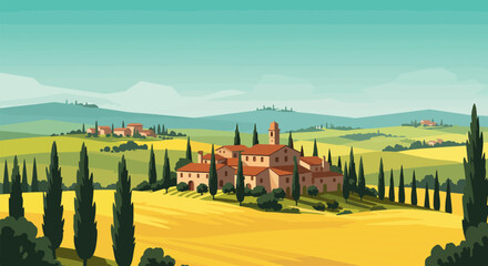 Naklejka premium Rural landscape with golden wheat field and red-roofed building with tower