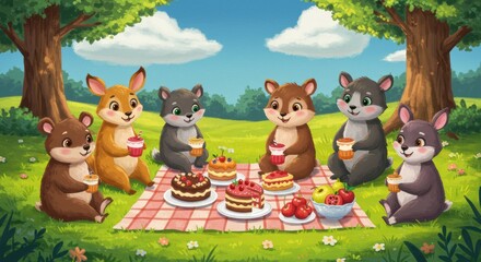 Naklejka premium Adorable animal picnic gathering sunny meadow illustrated scene nature playful concept