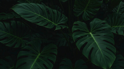 A dark, moody close-up of large monstera leaves with dramatic light and deep green tones, showing distinctive splits and natural textures.