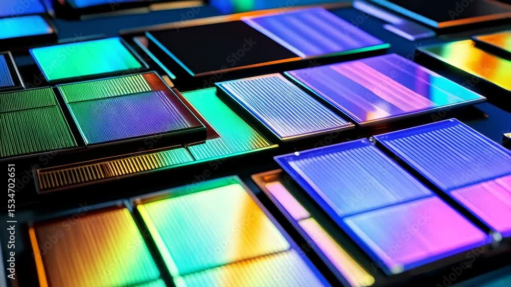 Poster array of colorful semiconductor wafers with iridescent reflections on dark background, representing 