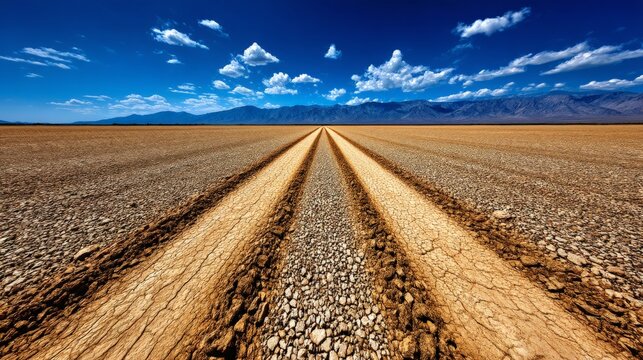 Expansive dry desert landscape with parallel tire tracks leading toward distant mountains under a bright blue sky