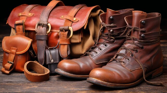 Classic leather boots and bags set on a wooden surface for fashion and accessories