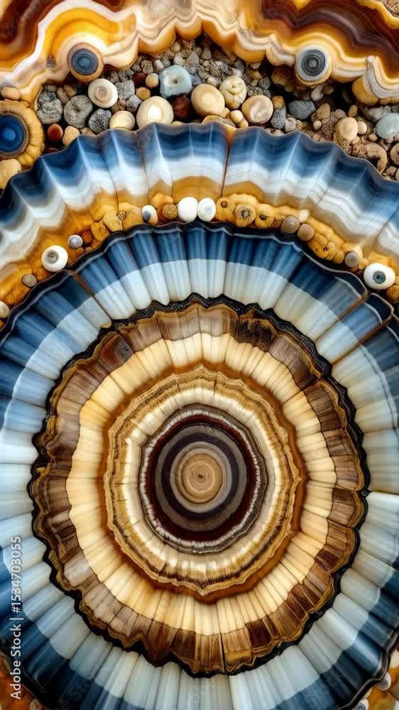 Poster intricate concentric circles pattern of natural stone formations with blue and orange layered textur