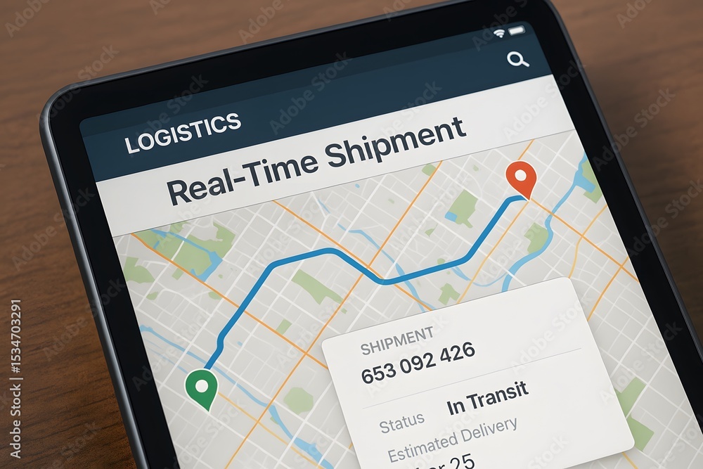 Poster a close-up shot of a tablet screen displaying a real-time shipment tracking application, highlightin