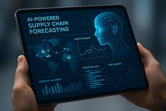 A cutting-edge tablet showcases an AI-powered supply chain forecasting interface, a concept of innovation with an insightful graphic interface in the palm of one's hands.