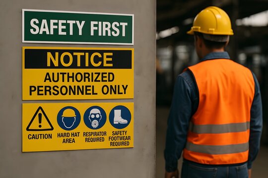 A worker stands at attention beside safety signs, emphasizing the importance of following rules in a factory setting, focusing on industrial safety.