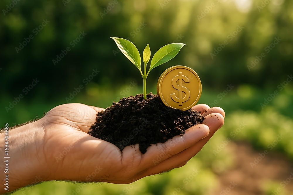 Poster an optimistic, macro view image of a hand cradle a sapling emerging from fertile soil, beside a gold