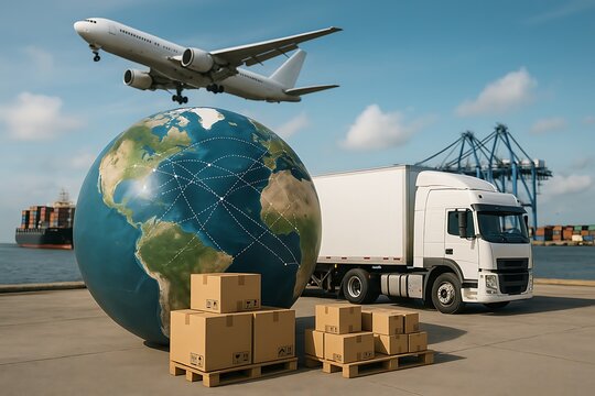 A conceptual illustration capturing the essence of global trade and seamless transportation, featuring an airplane, a semi-truck, and shipping containers.