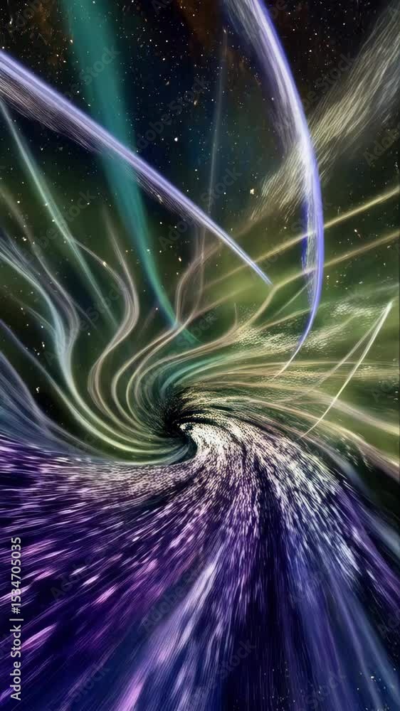 Poster surreal abstract vortex through colorful cosmic wormhole with swirling energy trails in deep space, 