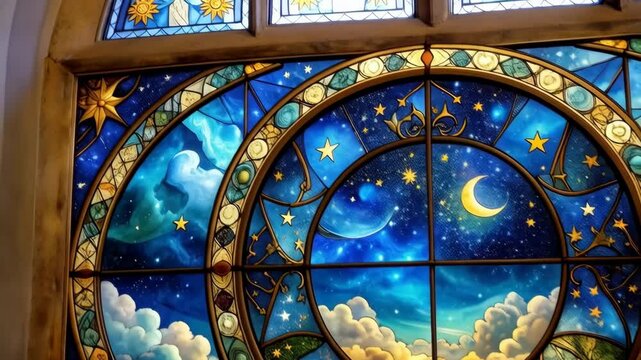 Celestial stained glass window depicting night sky, crescent moon, stars, clouds and sun with ornate borders in blue tones