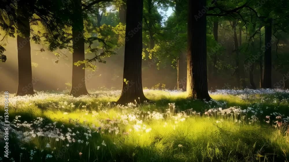 Poster sunbeams filtering through a tranquil forest illuminating a meadow covered with small white and purp