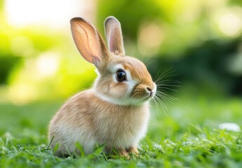 Obraz premium Cute bunny on green grass, sunny day