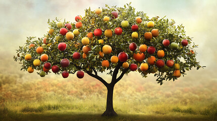 A vibrant tree bearing a variety of colorful fruits in a serene natural setting