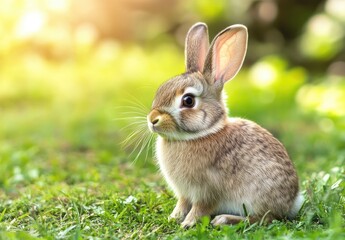 Adorable baby rabbit in grassy field, sunny day