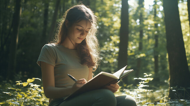 Teen Girl Journaling in a Forest Clearing

