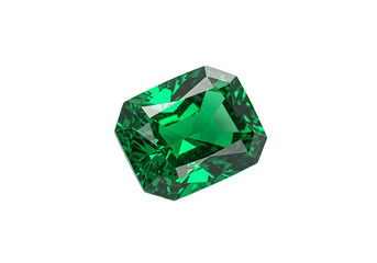 A vibrant emeraldcut green gemstone shines against a stark black backdrop highlighting its facets and depth