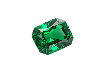 A vibrant emeraldcut green gemstone shines against a stark black backdrop highlighting its facets and depth
