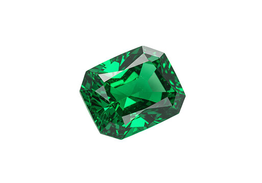 A vibrant emeraldcut green gemstone shines against a stark black backdrop highlighting its facets and depth