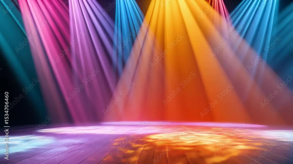 Poster abstract stage backdrop with colorful spotlights shining down on a reflective wooden floor creating 