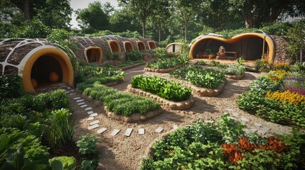 Sustainable Garden Landscape Design with Eco-Friendly Sculptural Homes Surrounded by Greenery and Vibrant Flora