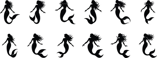 Mermaid silhouette collection isolated on transparent background